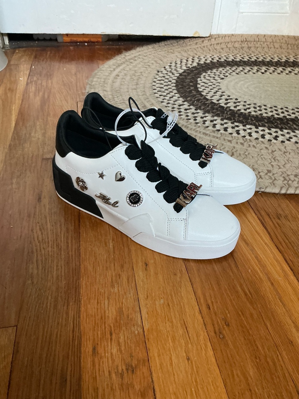 Karl Lagerfeld White and Black Embellished Sneakers with Charms